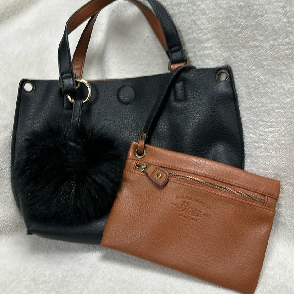 Cute GH Bass & Co. Black/ Brown Purse with detachable coin/makeup bag & pompom